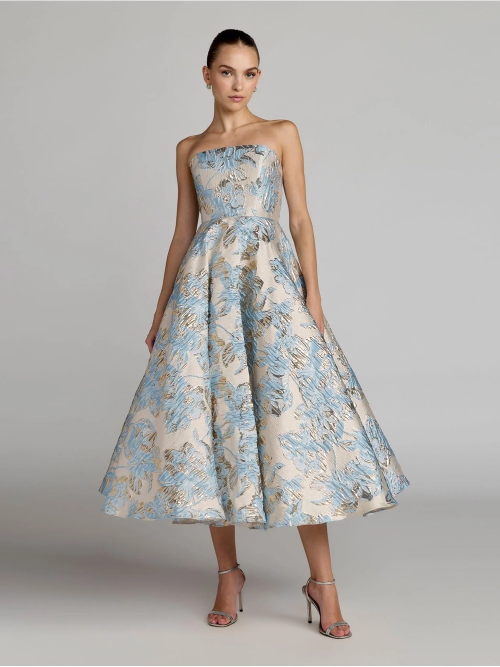 Strapless Floral Brocade Midi Dress in Light Blue and Cream Mac Duggal 69149